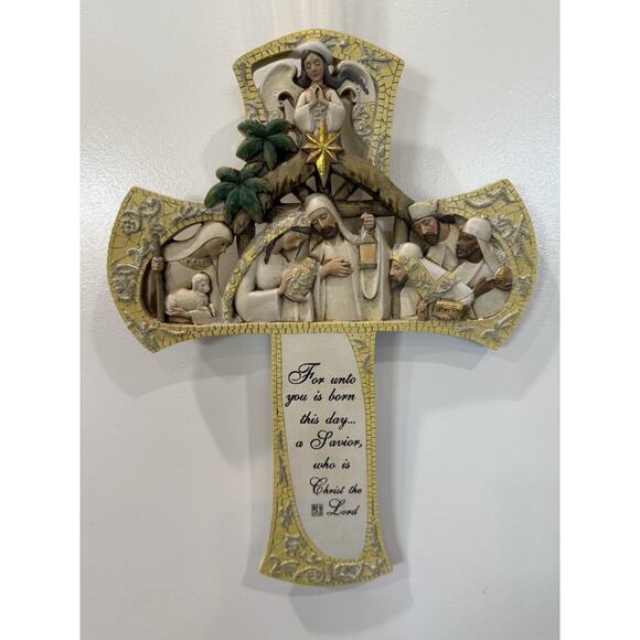 Nativity Scene Cross Wall Hanging “For Unto You Is Born” Christian Decor 10x9” - Picture 2 of 7